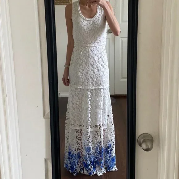 Elie Tahari white royal blue lace crochet floral sleeveless casual maxi dress - Picture 2 of 9
